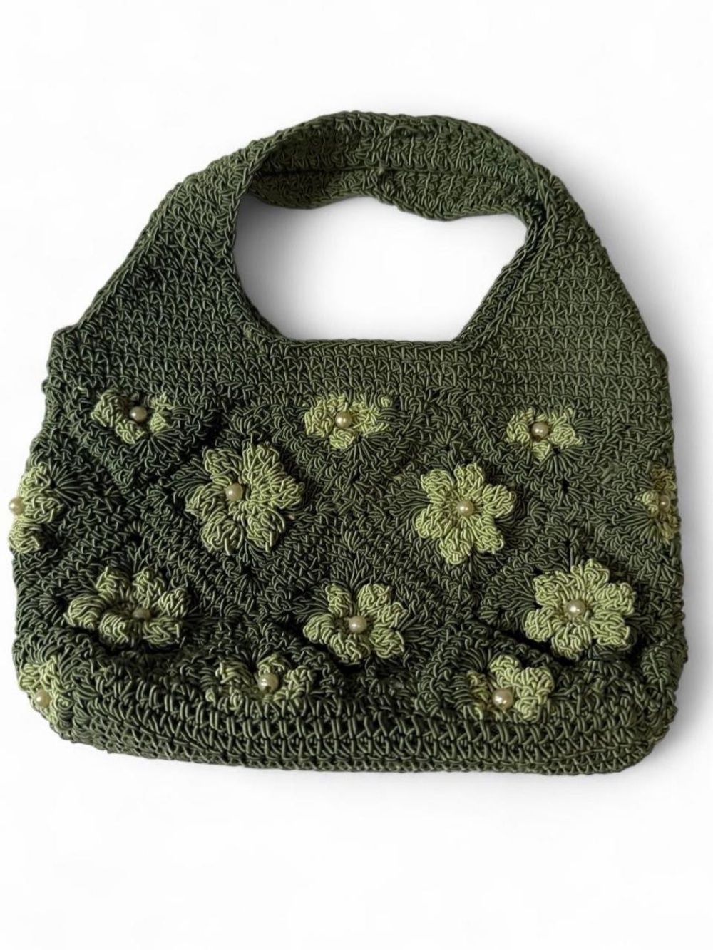 Handcrafted Olive Green Crochet Mini Bag with Floral Appliqués
